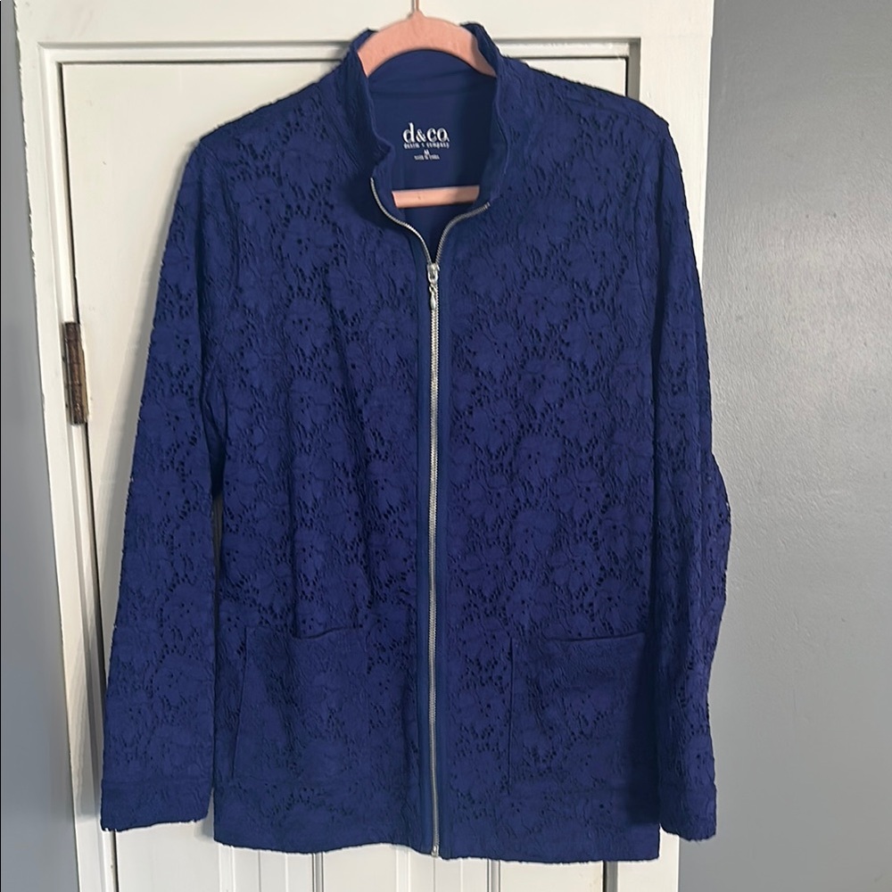 Denim & Co. Navy Blue Allover Lace Zip-Front Lined Jacket - Size M (A286345)